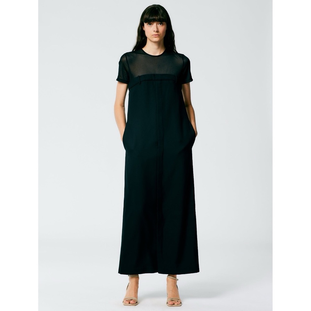 NEW Tibi Salopette Long Dress (Sz 8) Virgin Wool Sheer Panel Illusion Maxi Black
